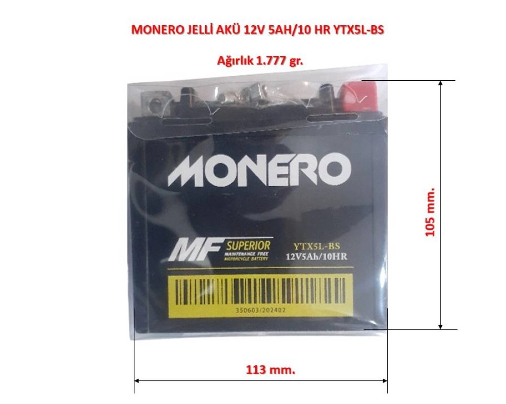 MONERO AKÜ YTX5L-BS 12V5AH 2004-2018 HONDA CRF 250 X/CG125 FAN KS (2005-)