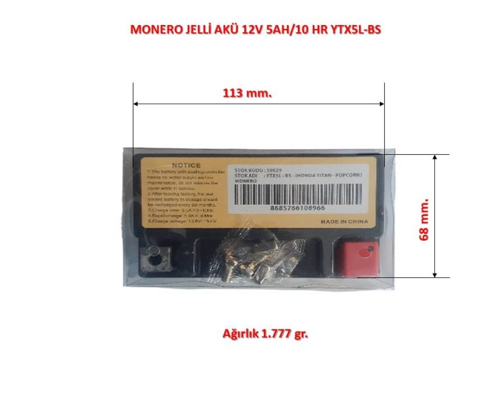 MONERO AKÜ YTX5L-BS 12V5AH 2010-2023 PEUGEOT KİSBEE 50/1997-2007 SPEEDFİGHT 2 (100cc)