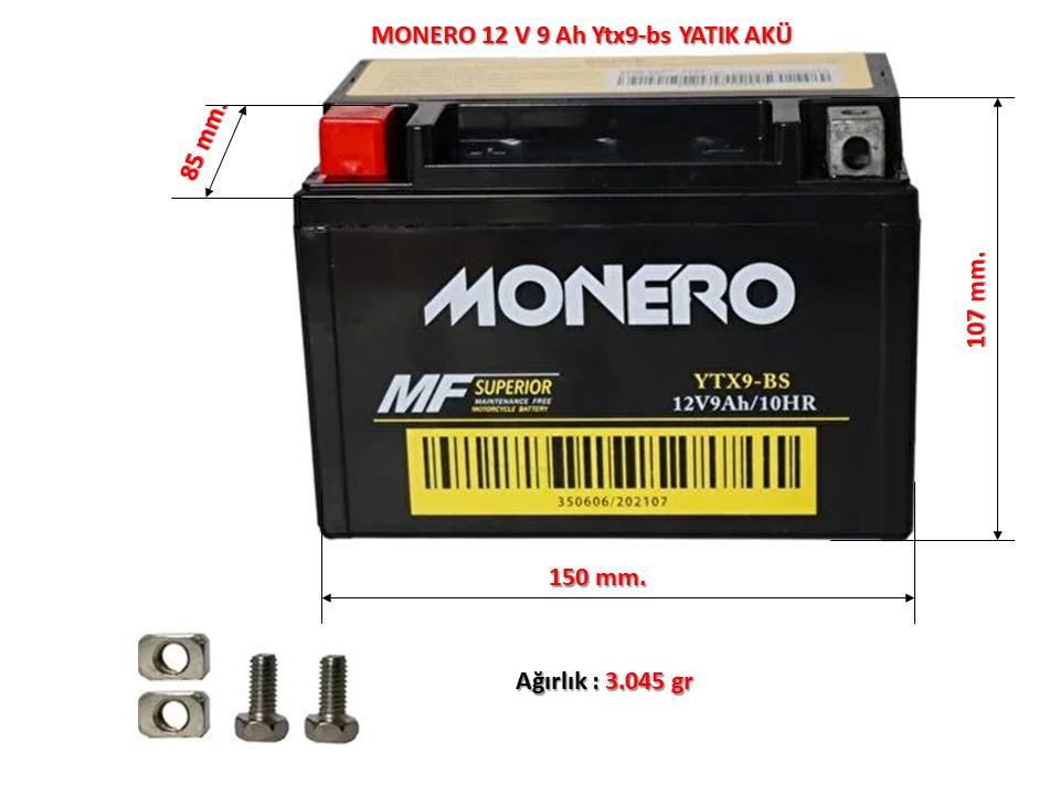MONERO Motorsiklet Aküsü YATIK 12 V 9 Ah Ytx9-bs