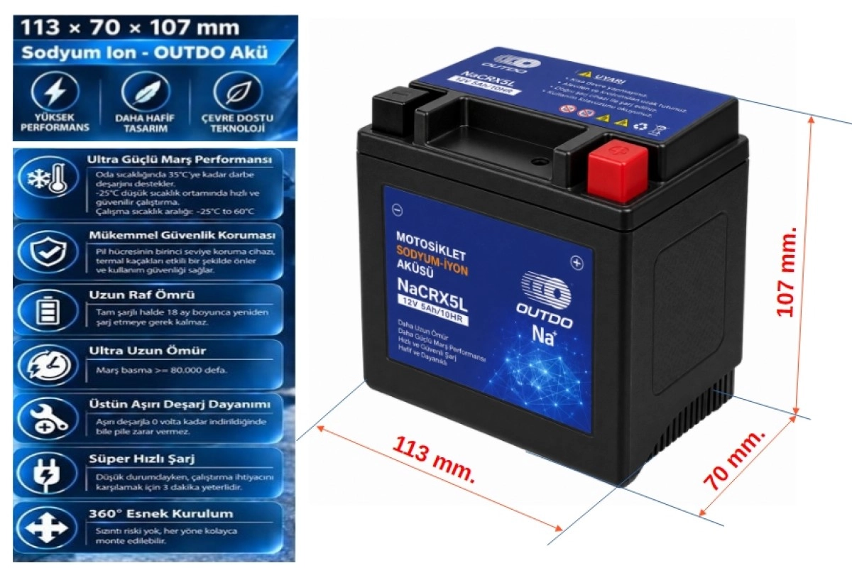 OUTDO NaCRX5L -YTX5L [113*70*107] SODYUM ION -OUTDO AKÜ 2 Yıl Garantili
