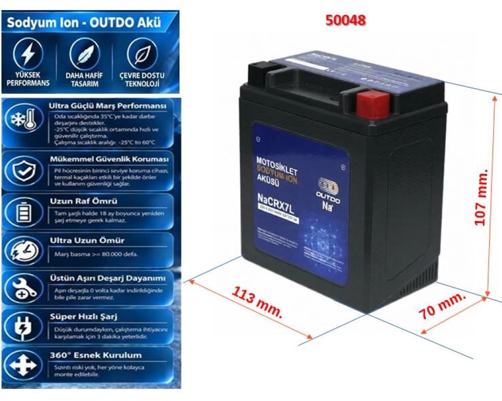 OUTDO NaCRX7L - 12N9L [113*70*130/T] SODYUM ION -OUTDO AKÜ 2 Yıl Garantili
