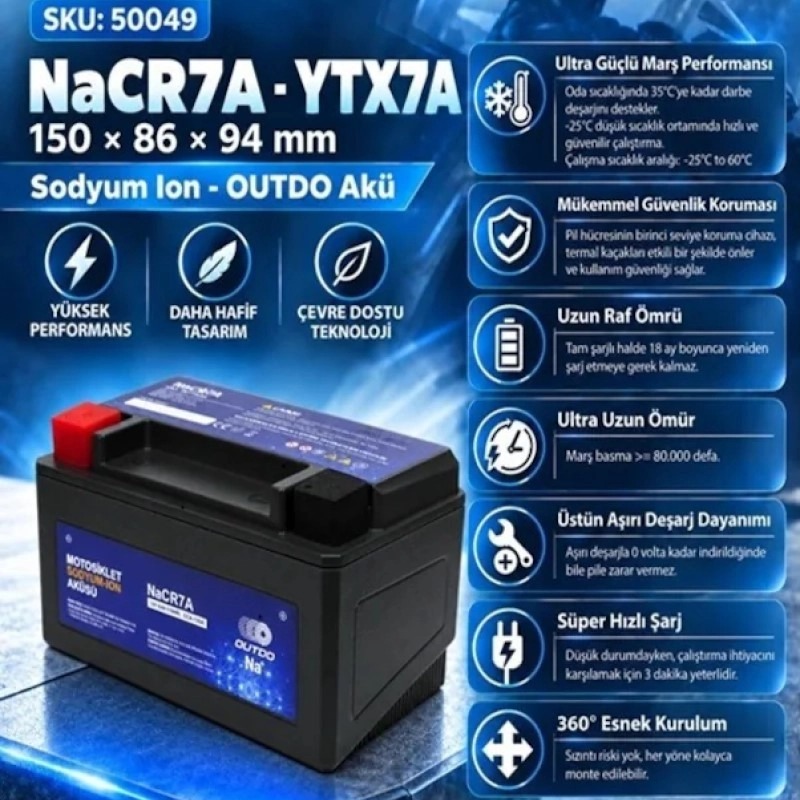 OUTDO NaCR7A - YTX7A [150*86*94] SODYUM ION -OUTDO AKÜ 2 Yıl Garantili