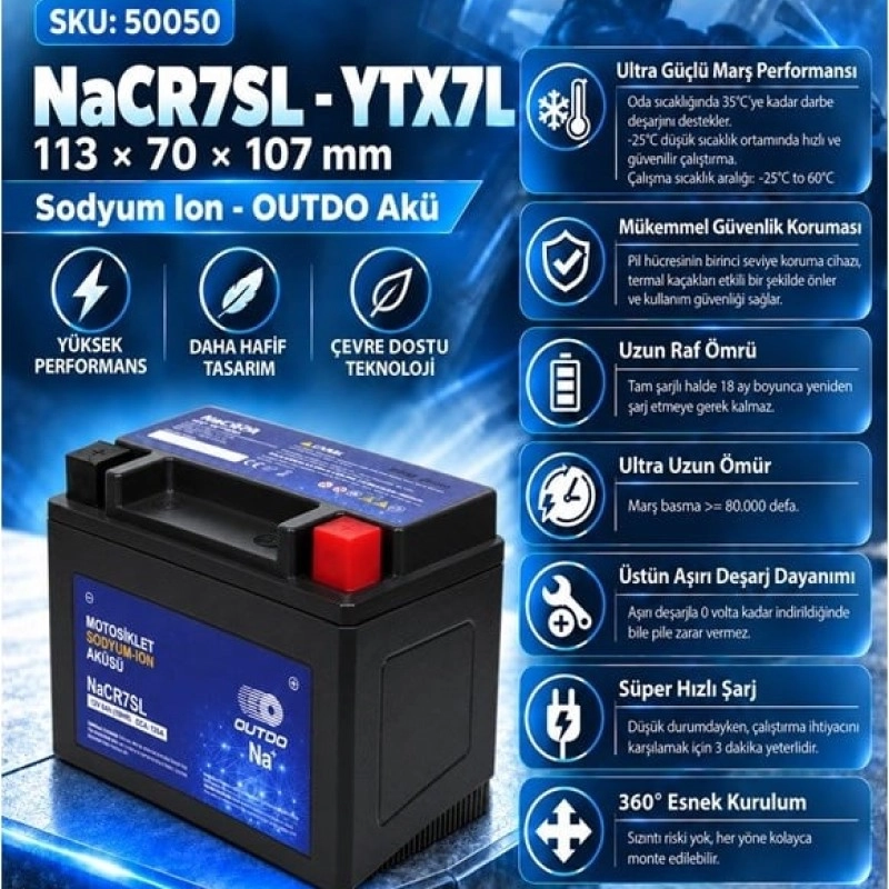 OUTDO NaCR7SL - YTX7L [113*70*107] SODYUM ION -OUTDO AKÜ 2 Yıl Garantili