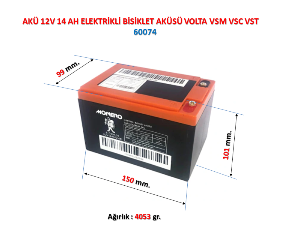 Monero Akü 12v 14 ah Elektrikli Bisiklet Aküsü Volta vsm vsc vst