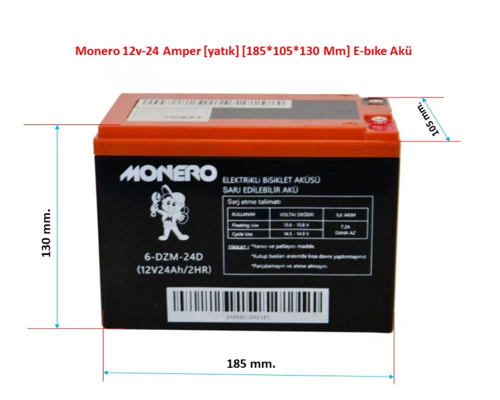 Monero 12v-24 Amper [yatık] [185*105*130 Mm] E-bıke Akü