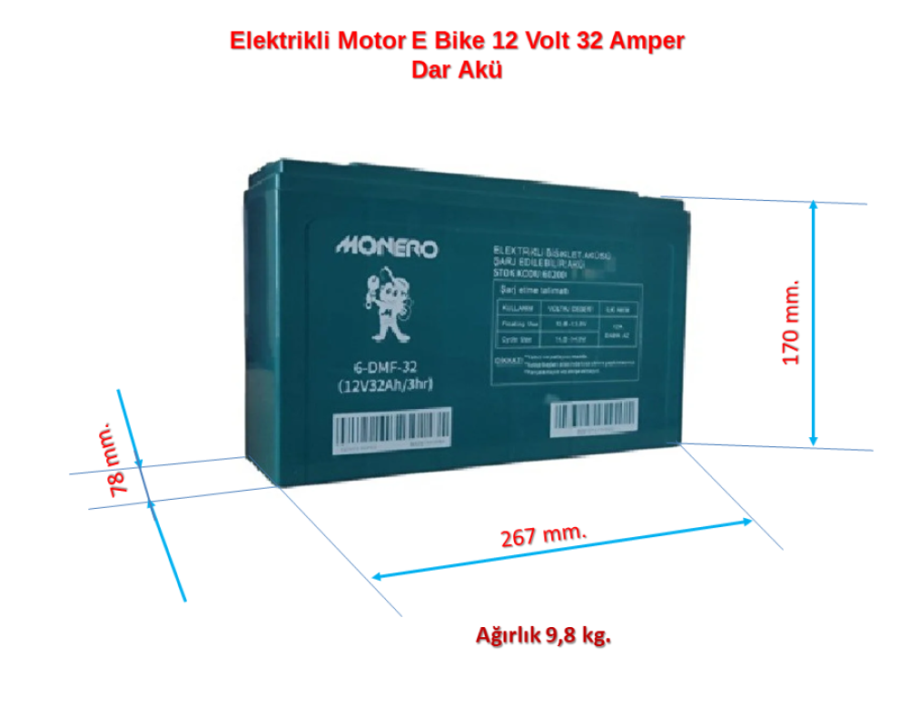 Monero Elektrikli Motor E Bike 12 Volt 32 Amper Dar Akü 267x78x170