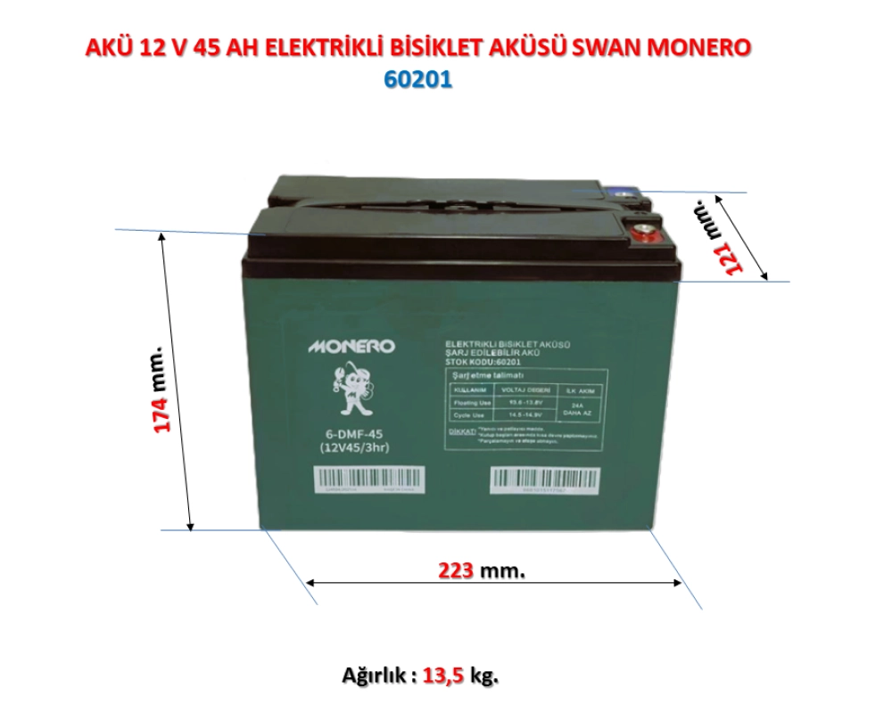 Monero Akü 12 V 45 Ah Elektrikli Bisiklet Aküsü (223*121*174) Swan Monero