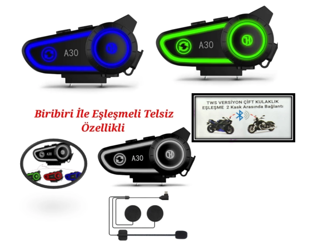 Blic A30 2x Iki Cihaz Eşleşme Özellikli Motosiklet Bluetooth Kask Kulaklığı Interkom Kulaklık 