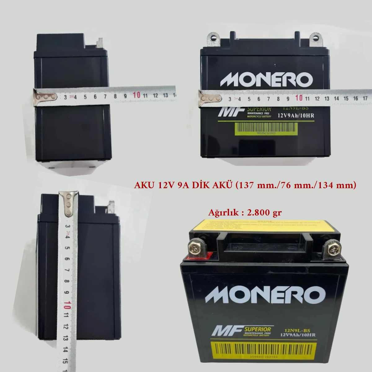 Monero AKÜ 12N9L-BS 12V9AH DİK Kanuni Seyhan 125 150