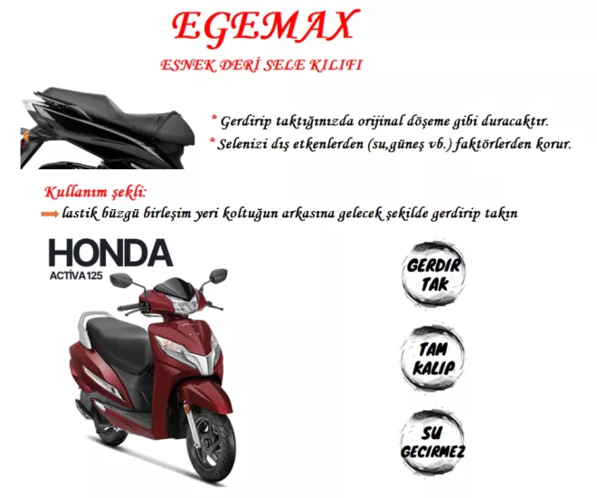 EGEMAX Honda Activa 125 Esnek Sele Kılıfı Deri Su Geçirmez